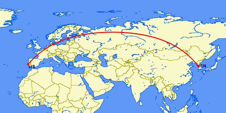 перелет Сеул — Лиссабон на карте