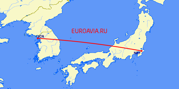 перелет Сеул — Токио на карте