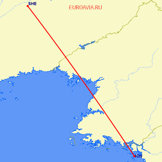 перелет Сеул — Шеньян на карте