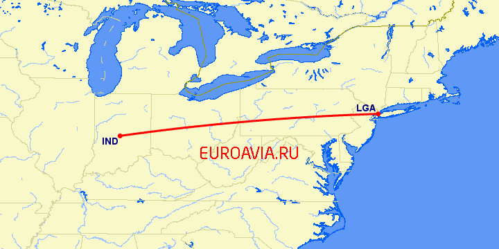 перелет Индианаполис — Нью Йорк на карте