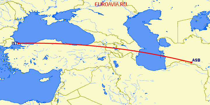 перелет Стамбул — Ашхабад на карте