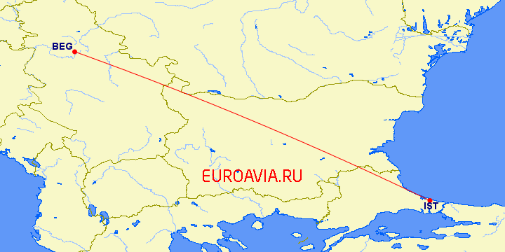 перелет Стамбул — Белград на карте