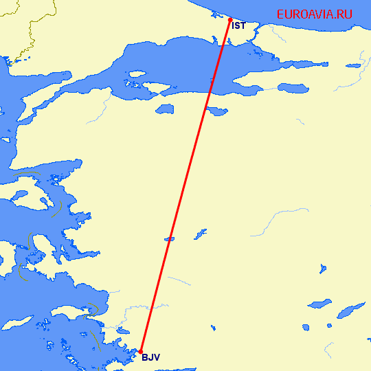 перелет Стамбул — Бодрум на карте