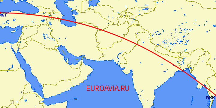 перелет Стамбул — Бангкок на карте