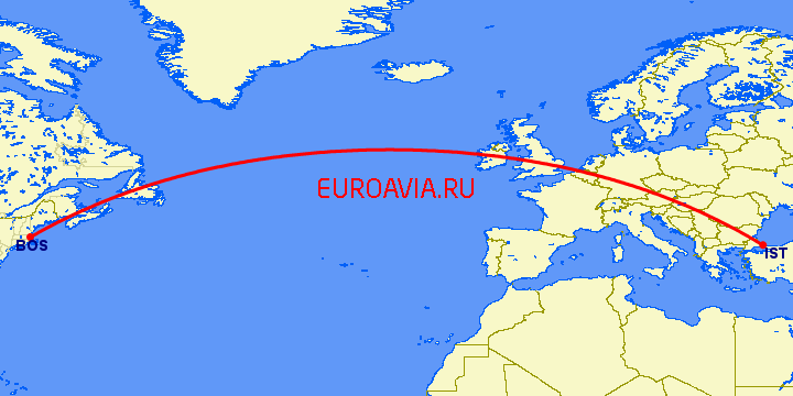перелет Стамбул — Бостон на карте