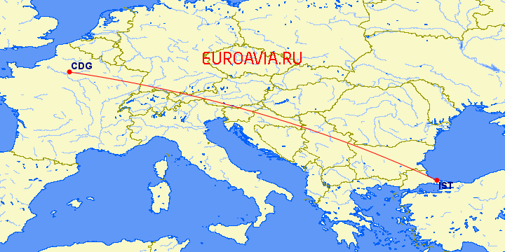 перелет Стамбул — Париж на карте