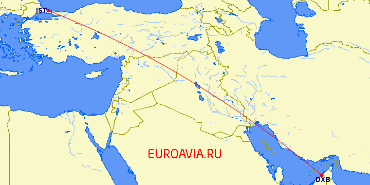 перелет Стамбул — Дубай на карте