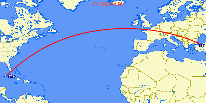 перелет Стамбул — Гавана на карте