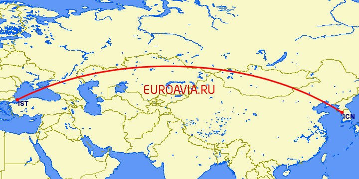 перелет Стамбул — Сеул на карте
