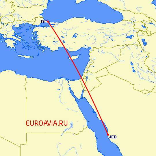 перелет Стамбул — Джедда на карте