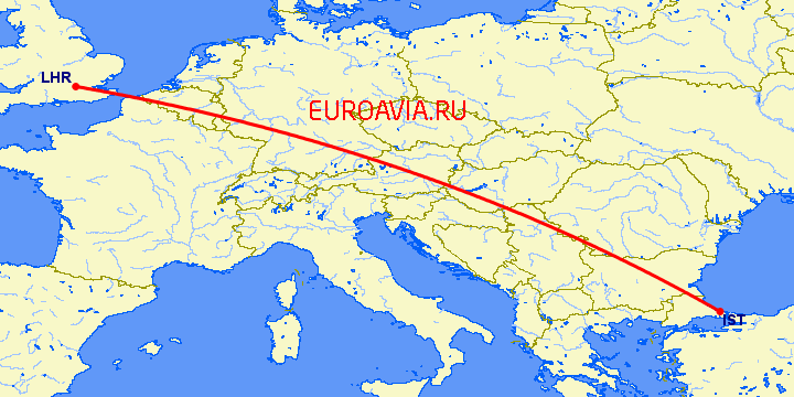 перелет Стамбул — Лондон на карте