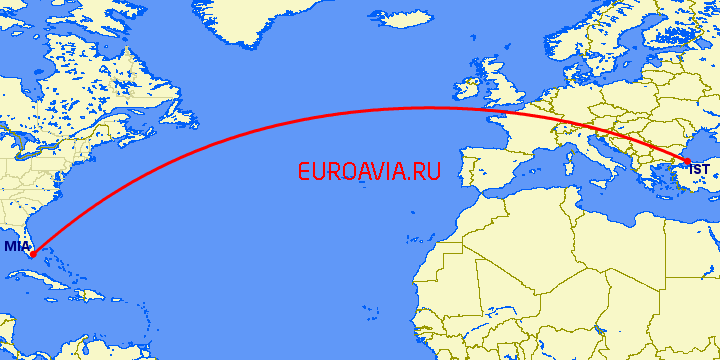 перелет Стамбул — Майами на карте