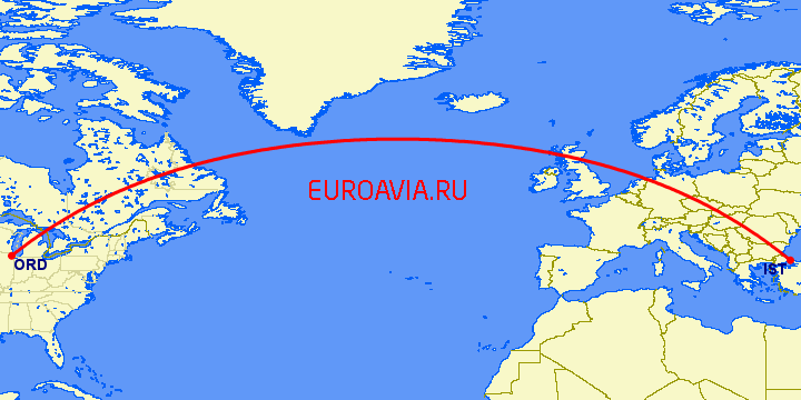 перелет Стамбул — Чикаго на карте