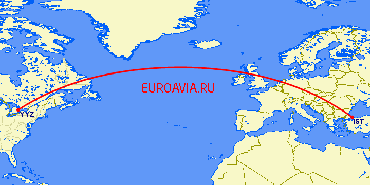 перелет Стамбул — Торонто на карте