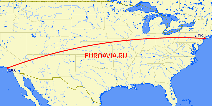перелет Нью-Йорк — Лос Анджелес на карте