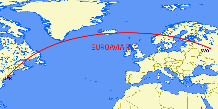 перелет Нью Йорк — Москва на карте