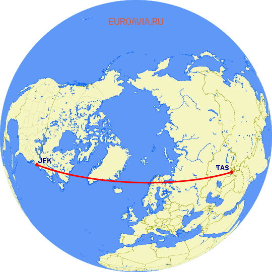 перелет Нью Йорк — Ташкент на карте