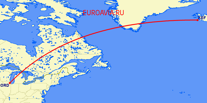 перелет Рейкьявик — Чикаго на карте