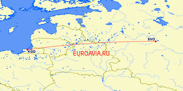 перелет Калининград — Москва на карте