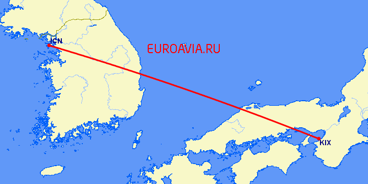 перелет Осака — Сеул на карте