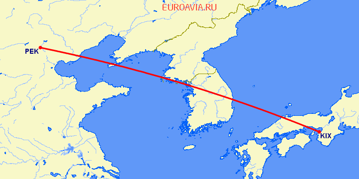перелет Осака — Пекин на карте