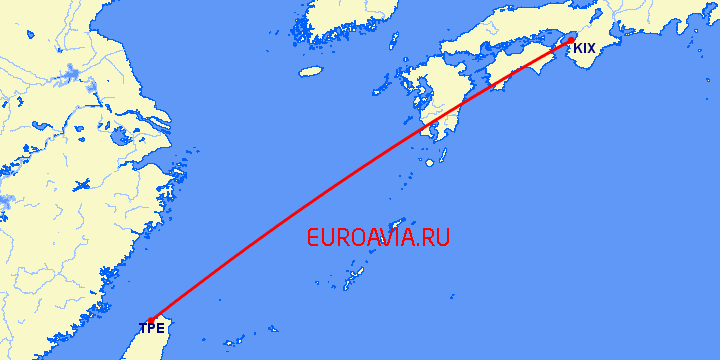 перелет Осака — Тайбэй на карте
