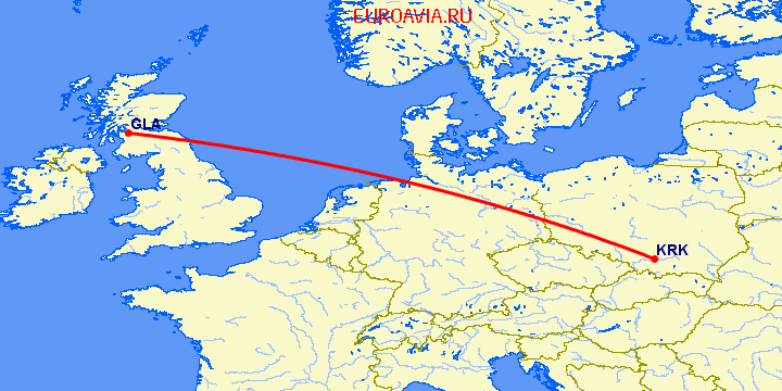 перелет Краков — Глазго на карте