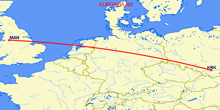 перелет Краков — Манчестер на карте