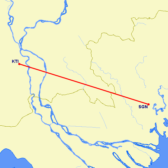 перелет Кратье — Хошимин на карте