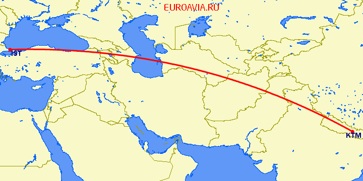 перелет Катманду — Стамбул на карте