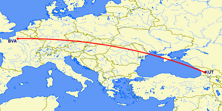 перелет Кутаиси — Париж на карте
