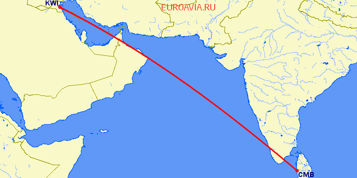 перелет Кувейт — Коломбо на карте