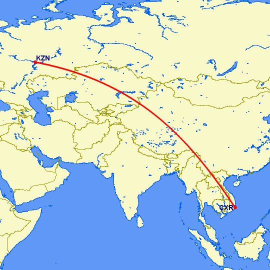 перелет Казань — Камрань на карте