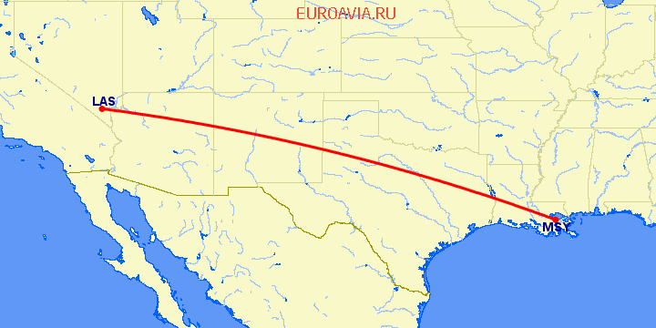 перелет Лас Вегас — Новый Орлеан на карте