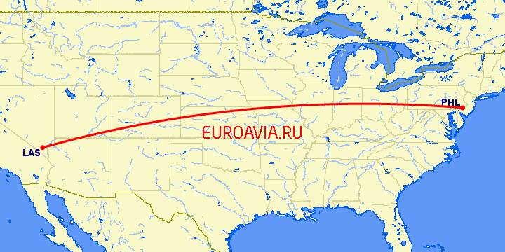 перелет Лас Вегас — Филадельфия на карте