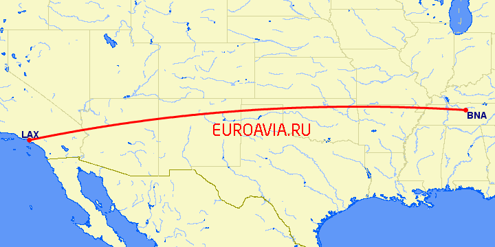 перелет Лос Анджелес — Нашвилл на карте