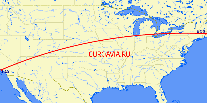 перелет Лос Анджелес — Бостон на карте