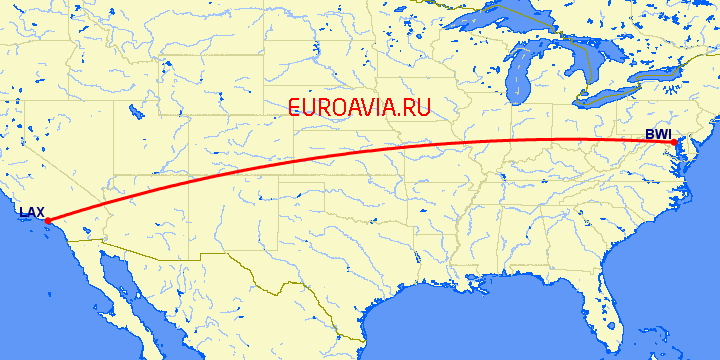 перелет Лос Анджелес — Балтимор на карте