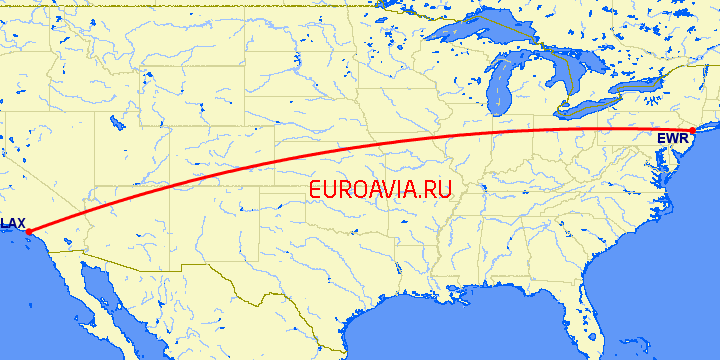 перелет Лос Анджелес — Ньюарк на карте