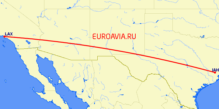 перелет Лос Анджелес — Хьюстон на карте
