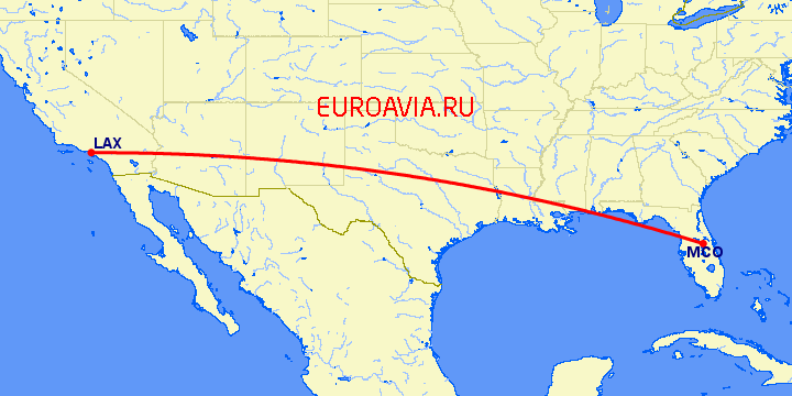 перелет Лос Анджелес — Орландо на карте