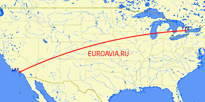 перелет Лос Анджелес — Торонто на карте