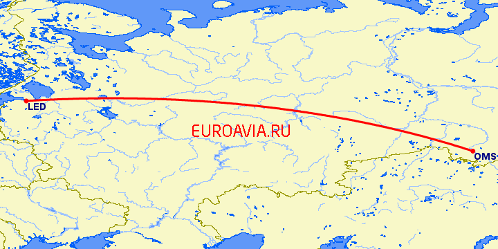 перелет Санкт Петербург — Омск на карте