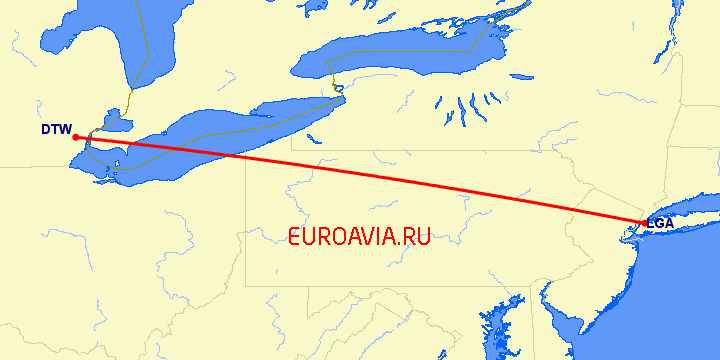 перелет Нью Йорк — Детройт на карте