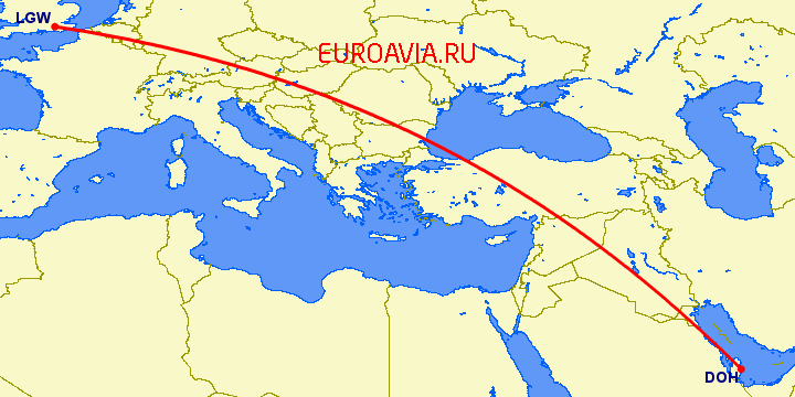 перелет Лондон — Доха на карте