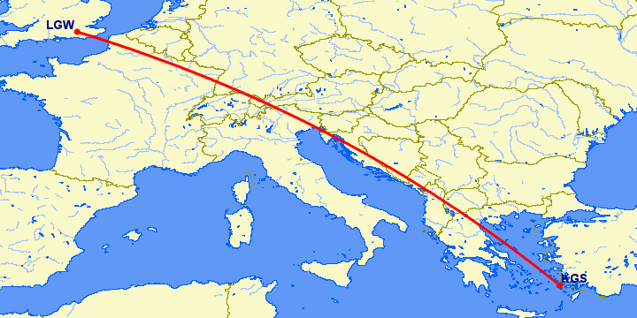 перелет Лондон — Кос на карте