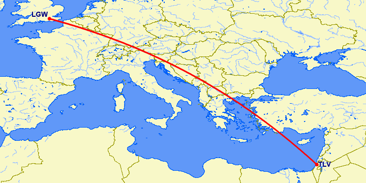 перелет Лондон — Тель Авив на карте