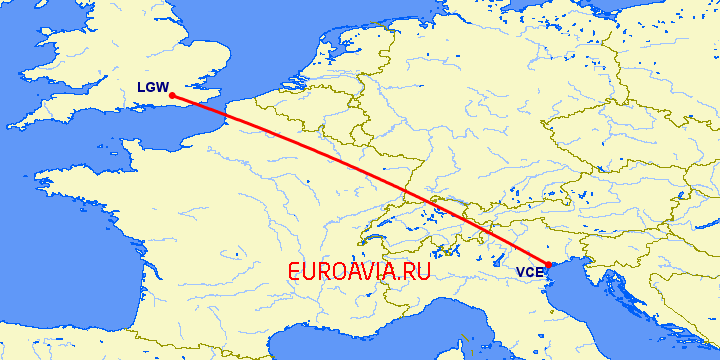 перелет Лондон — Венеция на карте