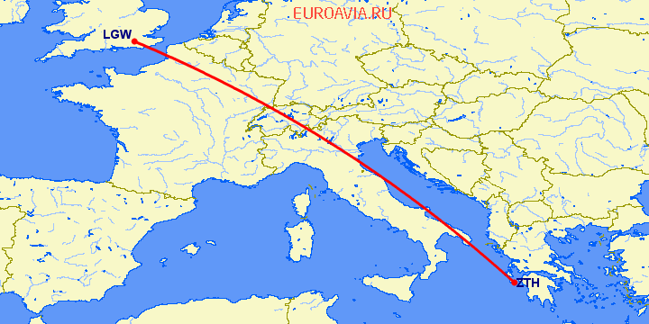 перелет Лондон — Закинтос на карте