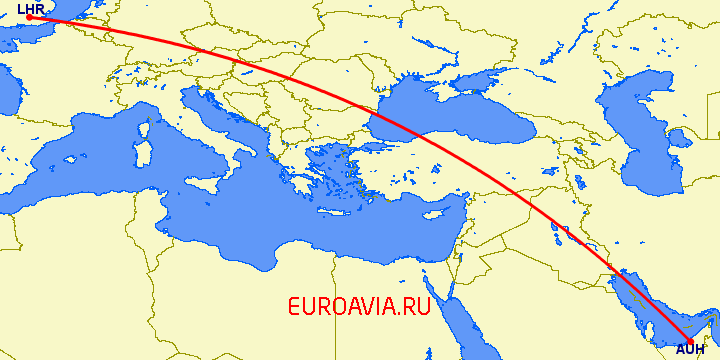 перелет Лондон — Абу Даби на карте